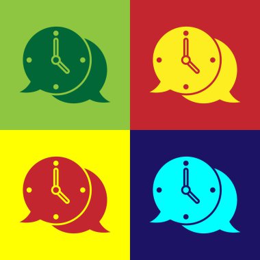 Renk arkaplanında konuşma baloncuğu simgesi olan pop sanat saati. Zaman işareti. Ofis saati veya zamanlayıcı sembolü. Vektör.