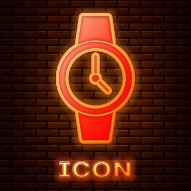 Parlayan neon bilek saat simgesi tuğla duvar arka planında izole. Kol saati simgesi. Vektör.