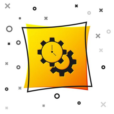 Siyah Zaman Yönetimi simgesi beyaz arkaplanda izole edildi. Saat ve vites tabelası. Üretkenlik sembolü. Sarı kare düğme. Vektör.