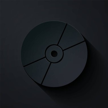 Kağıt kesme CD veya DVD disk simgesi siyah arkaplanda izole edildi. Küçük disk işareti. Kağıt sanatı tarzı. Vektör.