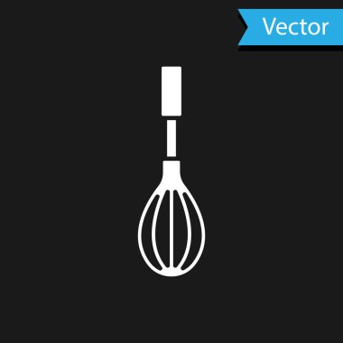 Beyaz Mutfak çırpma simgesi siyah arkaplanda izole edildi. Mutfak aletleri, yumurta çırpıcı. Çatal bıçak seti. Yemek karışımı sembolü. Vektör.