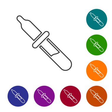 Siyah çizgi Pipette simgesi beyaz arkaplanda izole edildi. Tıbbi elementler, kimya laboratuarı ekipmanları. Tıp sembolü. Simgeleri renk daire düğmelerine ayarla. Vektör.