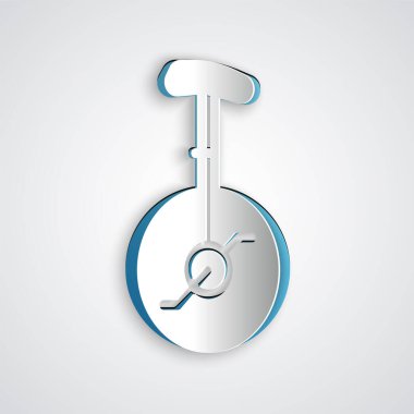 Kağıt kesiği tek tekerlekli bisiklet ya da gri arka planda izole edilmiş bir bisiklet ikonu. Tekerlekli bisiklet. Kağıt sanatı tarzı. Vektör.