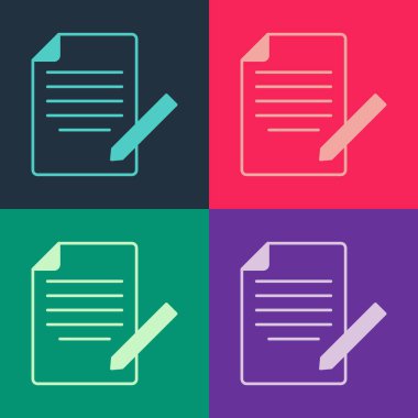 Pop sanat belgesi ve kalem simgesi renk arkaplanında izole edildi. Dosya simgesi. Kontrol listesi simgesi. İş konsepti. Vektör.