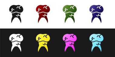 Diş 'i siyah ve beyaz arkaplanda izole edilmiş taşıyıcı simgesi ile ayarla. Diş çürüğü. Vektör.