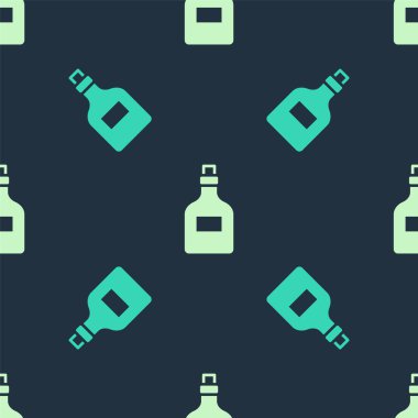 Yeşil ve bej alkollü rom şişesi ikonu mavi arka planda izole edilmiş pürüzsüz desen. Vektör.