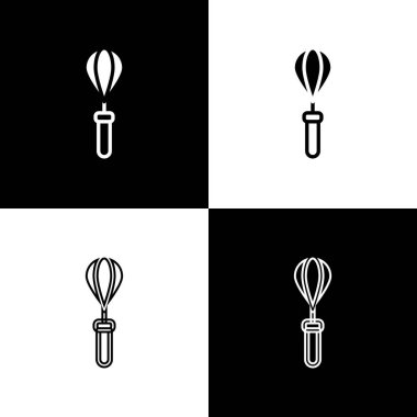 Mutfak çırpma simgesini siyah beyaz arkaplanda izole et. Mutfak aletleri, yumurta çırpıcı. Çatal bıçak seti. Yemek karışımı sembolü. Vektör.