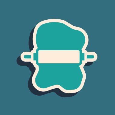 Yeşil arka planda izole edilmiş hamur ikonu üzerindeki yeşil raptiye. Uzun gölge tarzı. Vektör.