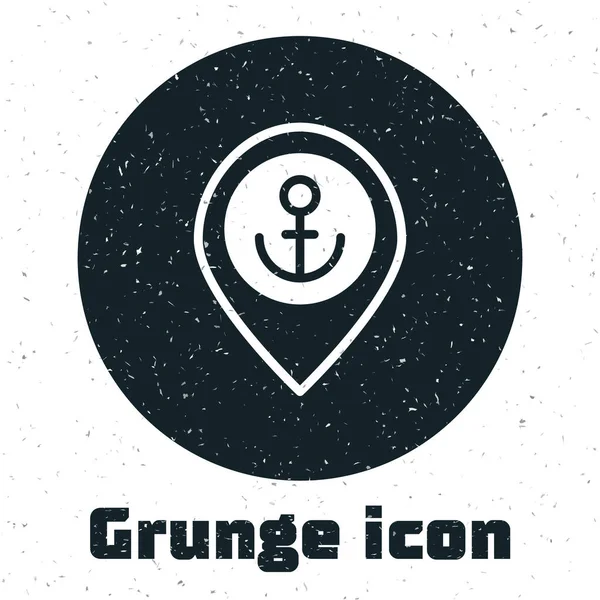 Grunge Mapa Ponteiro Com Ícone Âncora Isolado Fundo Branco Desenho — Vetor de Stock