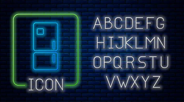 Сяюча Неонова Піктограма Холодильника Ізольована Фоні Цегляної Стіни Холодильник Холодильник — стоковий вектор