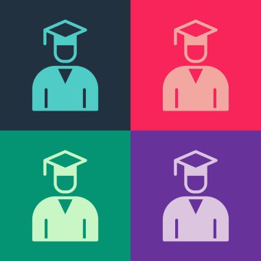 Pop Art Graduate ve mezuniyet şapkası ikonu renk arka planında izole edilmiş. Vektör.