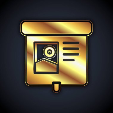 Siyah arkaplanda izole edilmiş Altın Projeksiyon ekran simgesi. İş sunumu slaytlar, bilgi grafikleri ve video gibi görsel içerikler. Vektör.