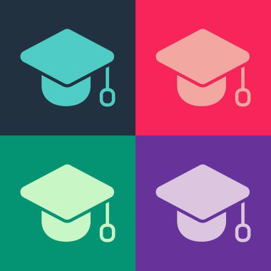 Pop Art Graduation Capduation ikonu renk arkaplanında izole edildi. Tassel ikonlu mezuniyet şapkası. Vektör.