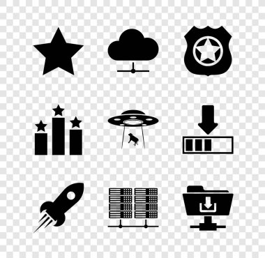 Yıldız Ağı bağlantısını, polis roket gemisini ateş sunucusu veri sunucusu sunucusu web sunucusu ve FTP dizin indirme simgesiyle ayarla. Vektör.