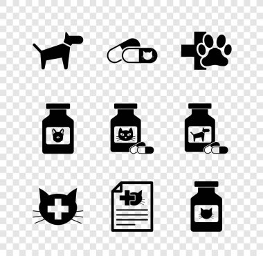 Köpek Kedisi 'ni ve hapları hazırla. Veteriner kliniğinde köpek, kedi ve ilaç şişesi ikonu için tıbbi sertifika al. Vektör.