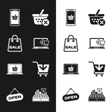 Alışveriş arabasını bilgisayar çantasına koy. Satış arabası ve alışveriş sepetini kaldır. Yazar kasa makinesini kaldır ve kapı simgesini as. Vektör.