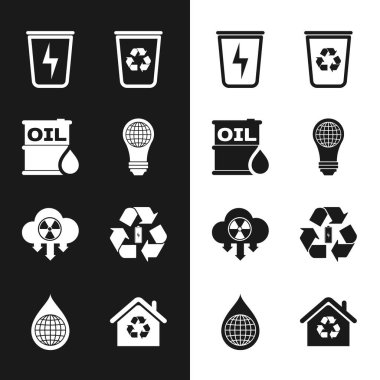 Küresel yağ varili çöp tenekesi geri dönüşüm kutusu geri dönüşüm yağmuru ve radyoaktif bulut Battery Eco House geri dönüşümü ve Dünya gezegeni su atma ikonu ile ampulü ayarlayın. Vektör.