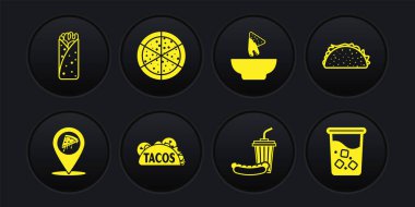 Pizzanın yerini pizza tortilla soda ve sosisli Nachos ile pizza bardağı suyu ve burrito ikonu ile belirleyin. Vektör.
