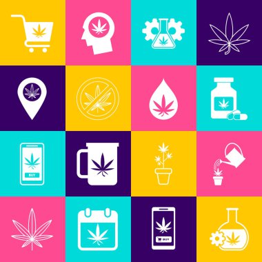 Test tüpünü marihuana kutusuyla doldurun tıbbi şişeleri durdurun alışveriş arabası ve marihuana ya da kenevir yaprağı yağı ikonu. Vektör.