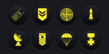 Radar Nükleer Roket Paraşütü 'nü, hedefleri Askeri Ödül Madalyası ve künye simgesiyle ayarla. Vektör.