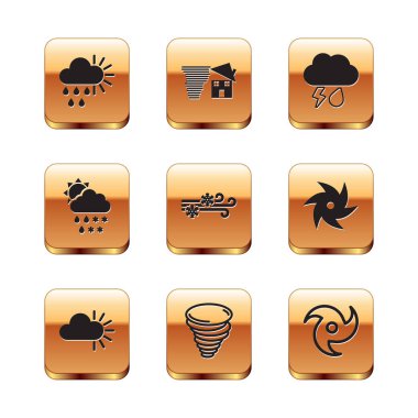 Bulutlu 'yu yağmur ve güneş fırtınası kar fırtınası yıldırımları ve girdap ikonu ile donatın. Vektör.