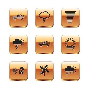 Rüzgâr ve kar fırtınası fırıldak yağmurunu fırtına bulutu ve ikon ile ayarlayın. Vektör.