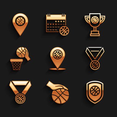 Basketbol topu Hand Shield, Basketbol madalya kupası ve ikonunda yerini belirledi. Vektör.