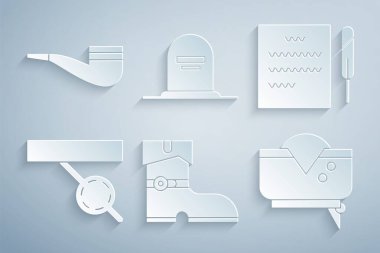 Deri korsan botları Tüylü kalem ve parşömen korsan göz bandı Tombstone 'da RIP yazılı ve tüttürme çubuğu ikonu var. Vektör.