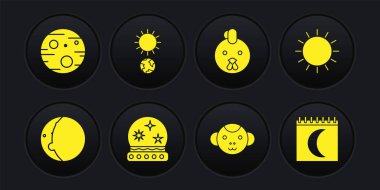 Güneş Sihirli Top Maymun Zodiac Horoz Gündönümü Ay tutulması takvimi ve Mars gezegeni ikonu. Vektör.