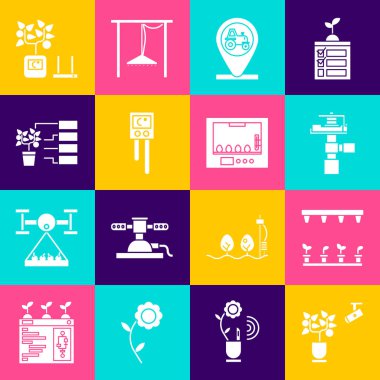 Akıllı tarım teknolojisi otomatik sulama fıskiyeleri traktör ve konum nem sensörü çiçek analizi ve yumurta ikonu için kuluçka makinesi ayarla. Vektör.