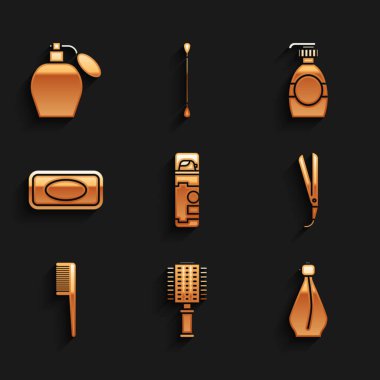 Tıraş köpüğü, saç fırçası, parfüm, saç maşası, sabun şişesi sıvısı ve ikon hazırla. Vektör.
