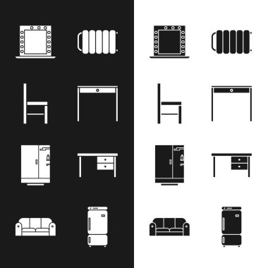 Tahta masa masası makyaj aynasını kalorifer ısıtıcısı duş kabini ofis masası buzdolabı ve kanepe ikonu ile ayarla. Vektör.