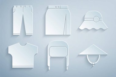 Şık kadın tişörtleri, Asyalı konik etek ve pantolon ikonu ile kış şapkasını ayarlayın. Vektör.