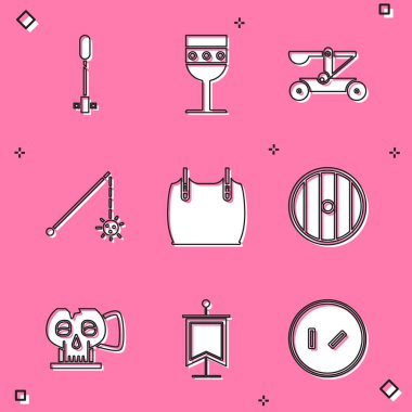 Ortaçağ Ortaçağ bardağını hazırlayın. Zincirli gürz topu, çelik yelek, kafatası ve bayrak ikonundan yuvarlak kalkan kupası atın. Vektör.