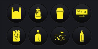 Okyanus plastik kirliliğini durdurun. Sıvı sabun şişesi. Cam cam su. Bulaşık losyonu ve plastik poşet ikonu için. Vektör.