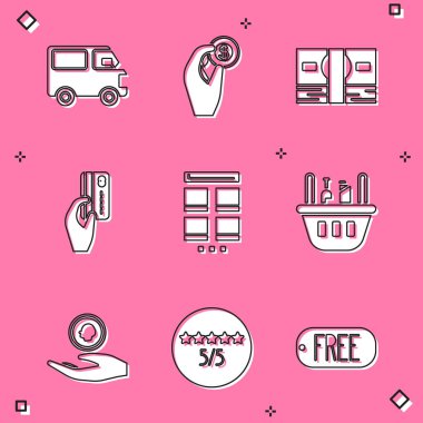 Kargo kamyonu Hand 'in elinde bozuk para, kağıt para, kredi kartı, alışveriş sepeti, yiyecek ve tüketici veya müşteri ürün derecelendirme ikonu var. Vektör.