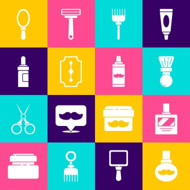 Sakal ve bıyıkları, yağ şişesini tıraş losyonunu tıraş fırçası jiletini, tıraş bıçağı jiletini ve jel köpük ikonunu hazırla. Vektör.