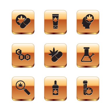 Bitkisel ecstasy tabletlerini büyüteç ve marihuana marihuana ya da kenevir yağı haplarını Kenevir molekülü Kafa Kimyasal test tüpü ve krem ikonu ile hazırlayın. Vektör.