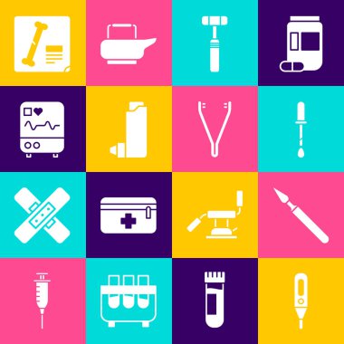 Tıbbi termometre cerrahi bisturi bisturi Pipette nöroloji refleks çekiç inhaler monitörünü kardiyogram röntgen ve cımbız ikonu ile ayarla. Vektör.