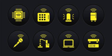 Kablosuz mikrofon Akıllı buzdolabı Robotik robot kol fabrikası dizüstü bilgisayarı siren TV kutusu alıcısı ve işlemciyi mikro devre işlemci simgesi ile ayarla. Vektör.