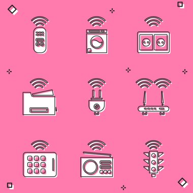 Akıllı uzaktan kumandalı elektrik prizi yazıcı prizi Router ve kablosuz sinyal tableti ve radyo ikonunu ayarla. Vektör.