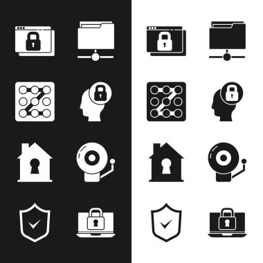 İnsan kafasını kilit grafiksel şifre koruması ile ayarla. Site HTTPS SSL FTP dizin evini alarm zili dizüstü bilgisayarı ve Kalkan işaretleme simgesi simgesi altında güvene alın. Vektör.