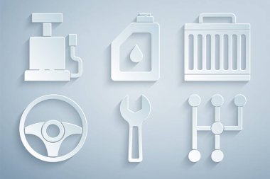 Anahtarlı araba radyatör soğutma sistemini motor yağı ve hava pompası ikonu için direksiyon vites kutusu olarak ayarla. Vektör.