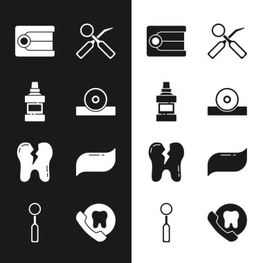 Otolaryngological baş reflektörü Ağız Yıkama Şişe Takma Takma Diş Denetim Aynası Kırık Diş macunu Online diş bakımı ve ikonu ayarla. Vektör.