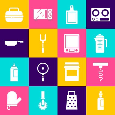 Bir şişe zeytinyağı, şarap tirbuşonu, mangal çatalı, ızgara tava pişirme ve elektronik ölçek ikonu. Vektör.