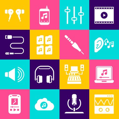 Oscilloscope Laptop 'u müzik notası ile ayarla. Kulak verin, ses sinyali bırakın Müzik eşitleyici dosya belgesi Audio jack Air kulaklıkları ve simgesi. Vektör.