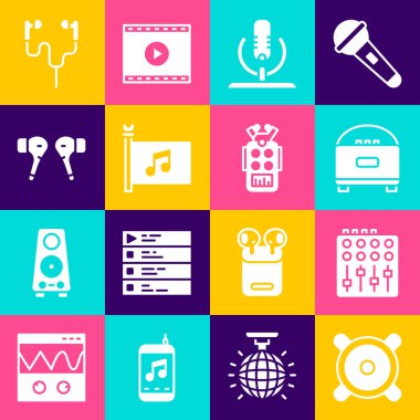 Stereo hoparlörü ses karıştırıcı kontrolörü Mikrofon Müzik Festivali bayrağı kulaklığı ve simgesi ayarla. Vektör.