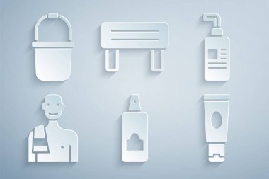 Saç spreyi kremi kozmetik tüpü için sprey kutusunu sauna sauna ahşap tezgahına ve kova ikonuna yerleştir. Vektör.