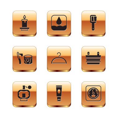 Aroma mumu losyon losyon losyonu veya losyon kozmetik tüp elbise askısı baltasını sauna fırçası termometresi ve su damlası ikonuna koyun. Vektör.