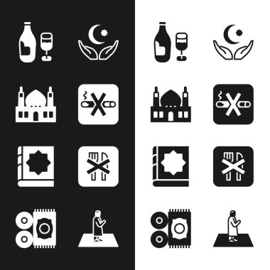 Sigara içilmeyen Müslüman Camii Şarap Şişesi, cam yıldız ve Hilal Hilal Kutsal Kur 'an kitabı, oruç tutan adam duaları ve geleneksel halı ikonu. Vektör.